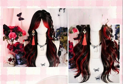 Dalao Home - Bathing Flames - Black Gothic Lolita Wig Red-black Highlighted Long Hair