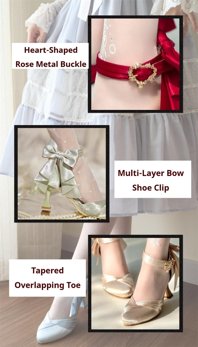 MR.Qiutian - Coronation - Elegant Lolita Shoes Satin Heels With Rose Buckle & Bow Clip