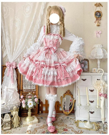 Qianmu - Girl's Secret - Pink Sweet Lolita JSK Dress with Lace and Bow Trailing