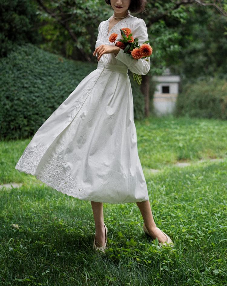 Floral embroidery white vintage dress