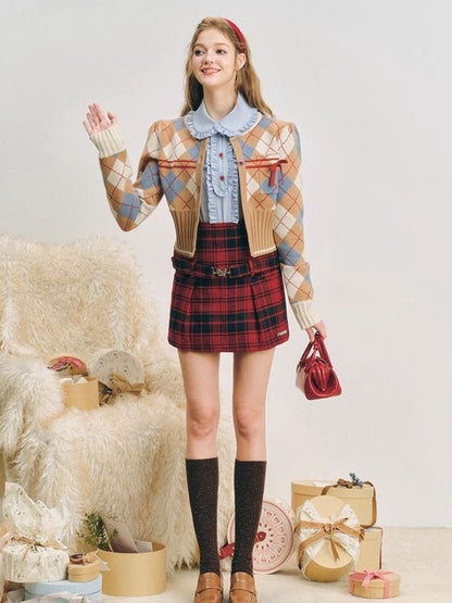 Christmas red wool plaid skirt tweed bustier【s0000004607】