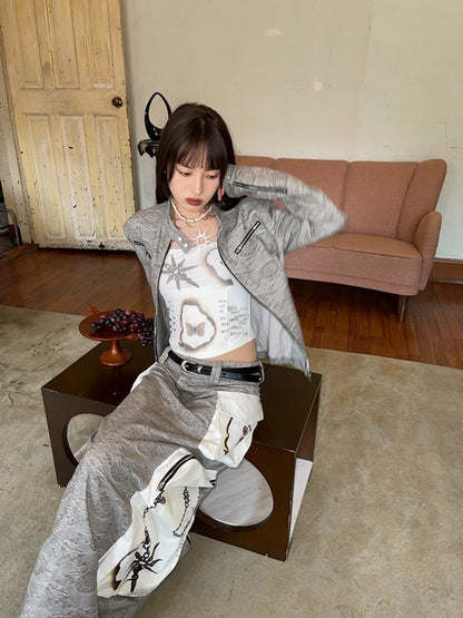 Jacquard Zipper Short Jacket ＆ Low Waist Long Skirt【s0000003885】