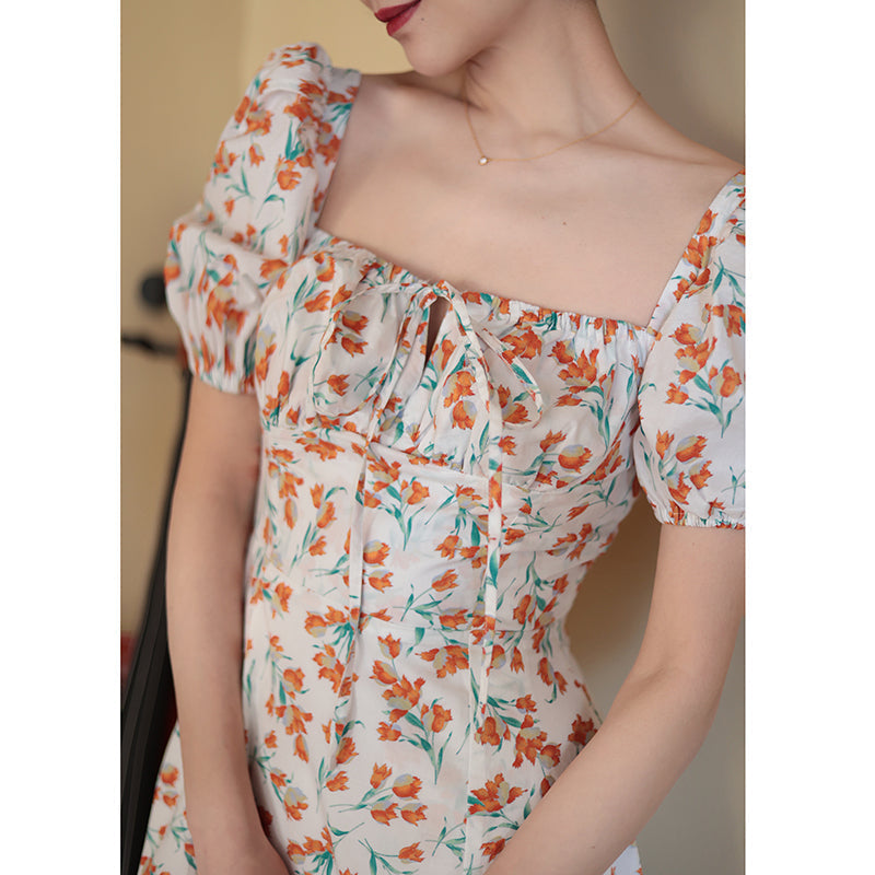 Red Orange Flower Pattern French Retro Dress