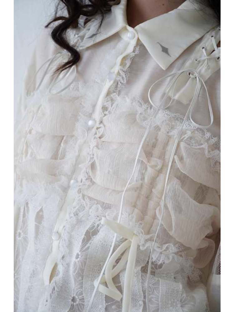 Lace-Up Crosses Embroidery Chiffon Lace Trim Shirt【s0000008151】