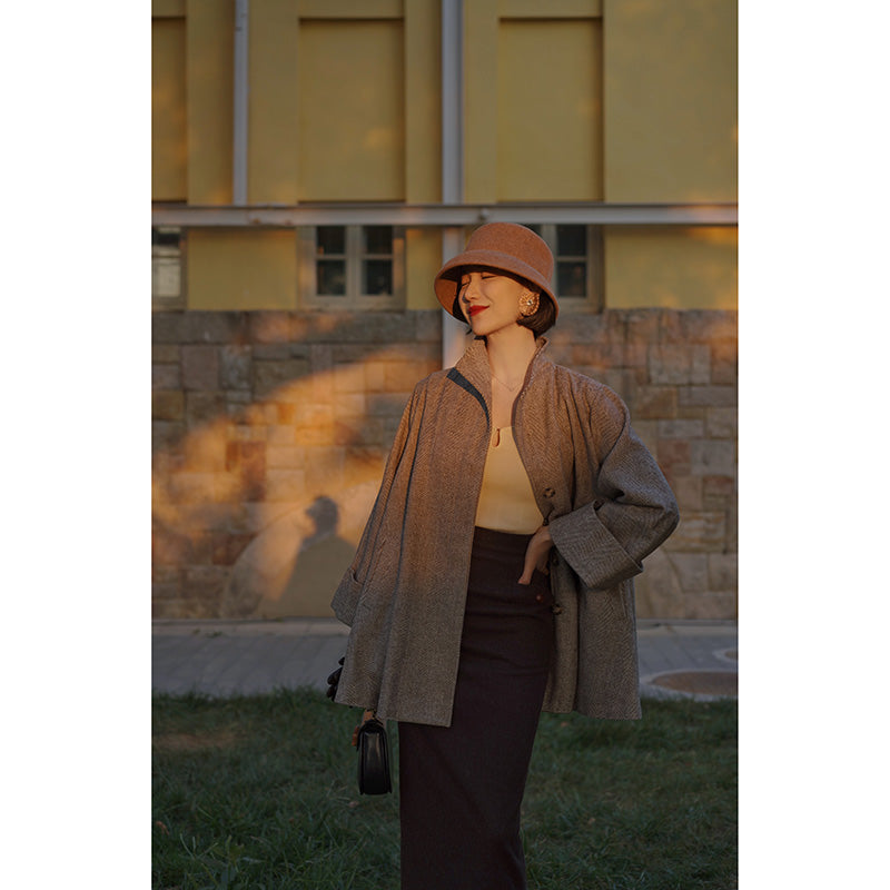 Gray brown lady herringbone wool coat