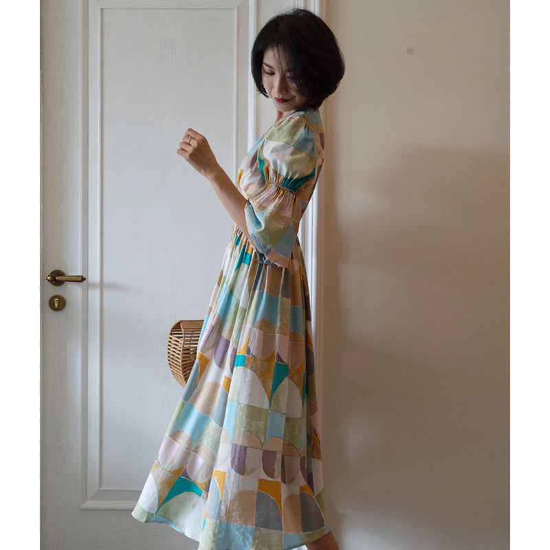 Geometric pattern oil painting dress