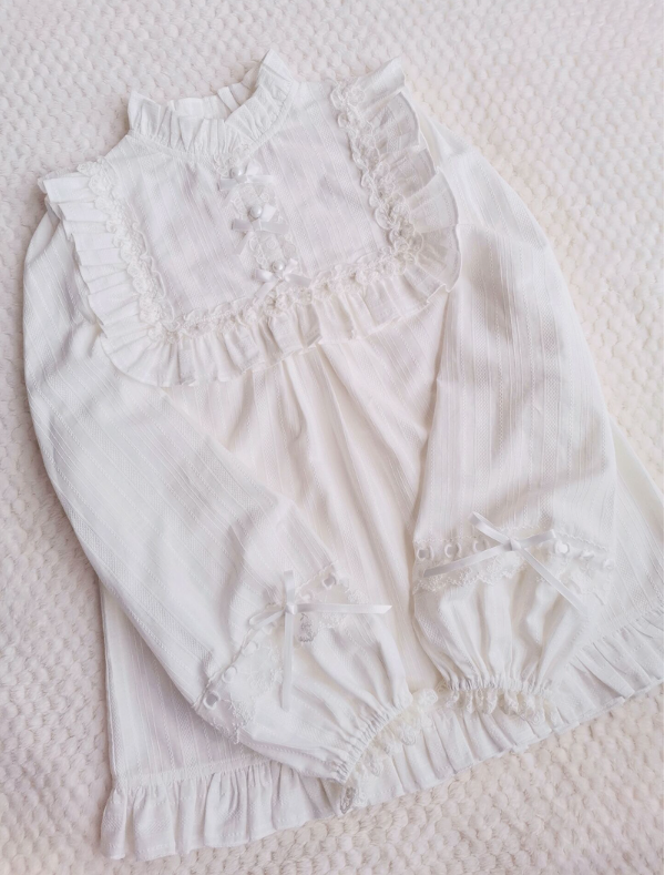 Yilia - Cotton Lolita Lace Long Sleeve White Blouse