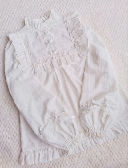 Yilia - Cotton Lolita Lace Long Sleeve White Blouse