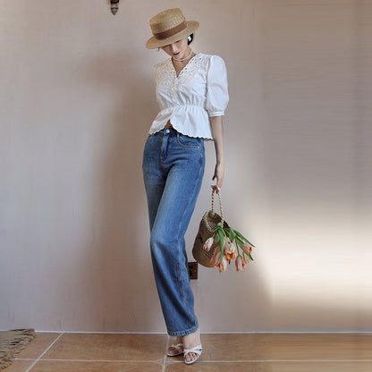 Floral embroidery white retro blouse