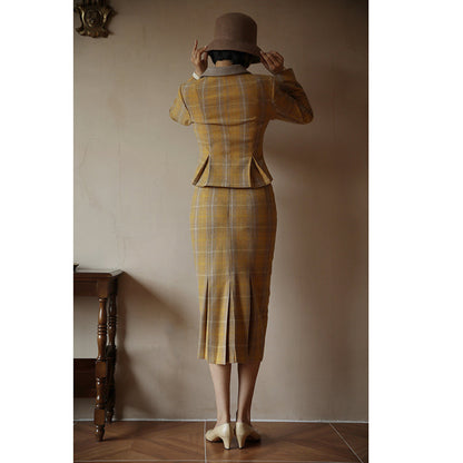 plaid retro jacket and tight skirt and flared skirt