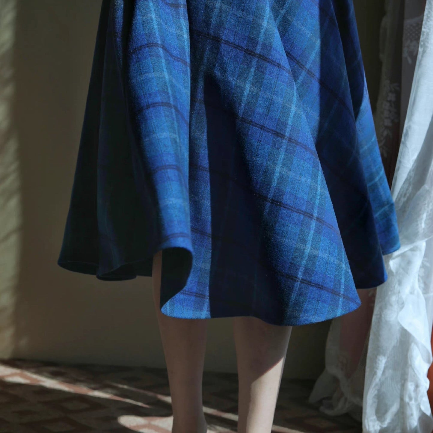 Blue Indigo Checkered Umbrella Skirt