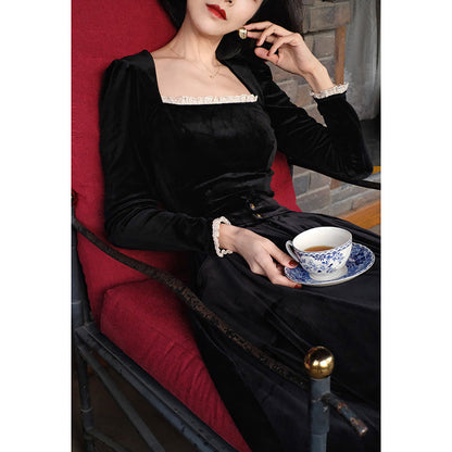 black lady velvet long skirt