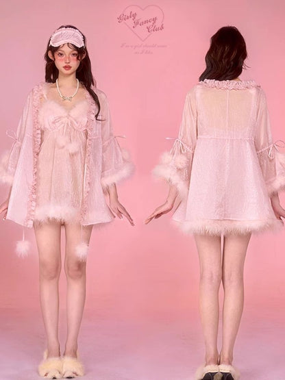 Sexy Pajamas Pink Halter Dress Robe Set【s0000006583】