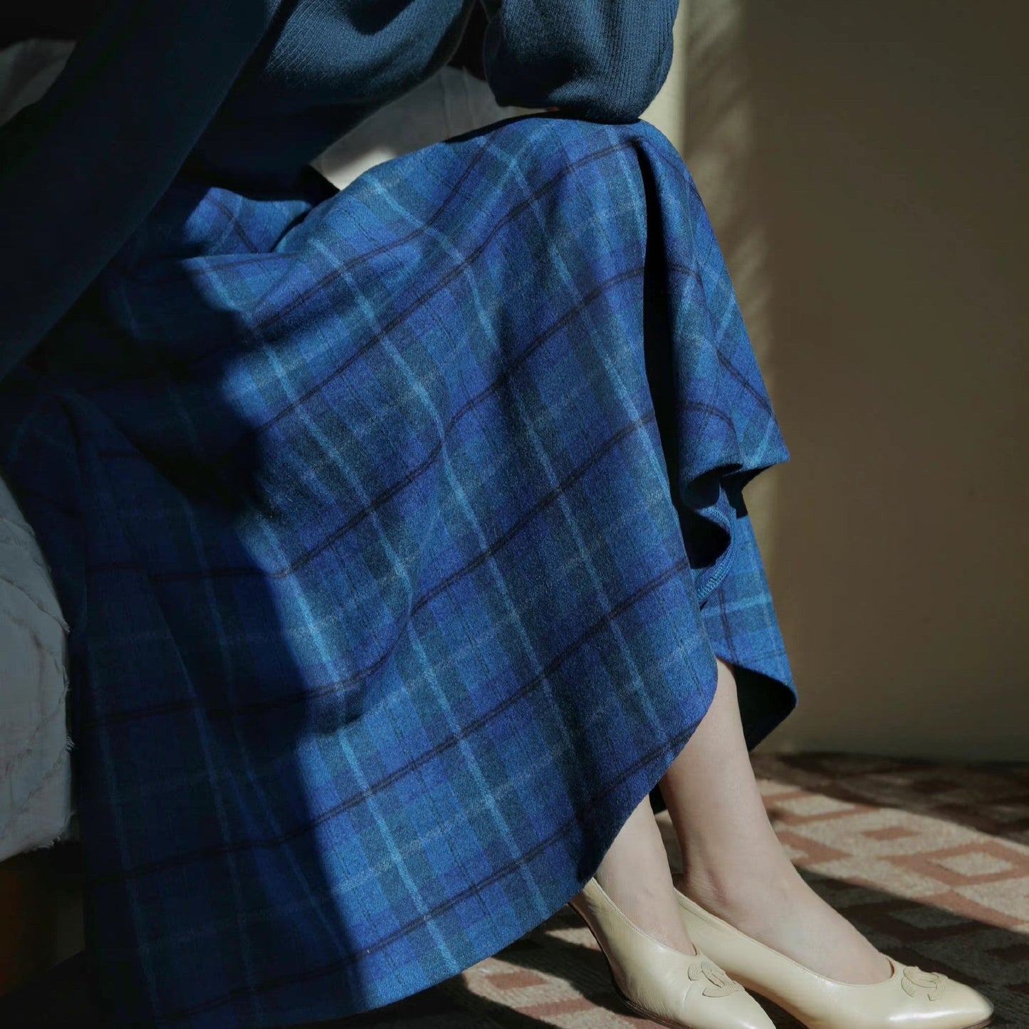 Blue Indigo Checkered Umbrella Skirt