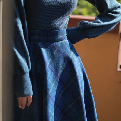 Blue Indigo Checkered Umbrella Skirt