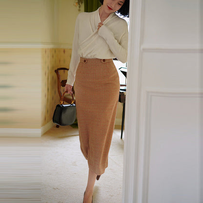 Orange brown houndstooth tweed tube skirt