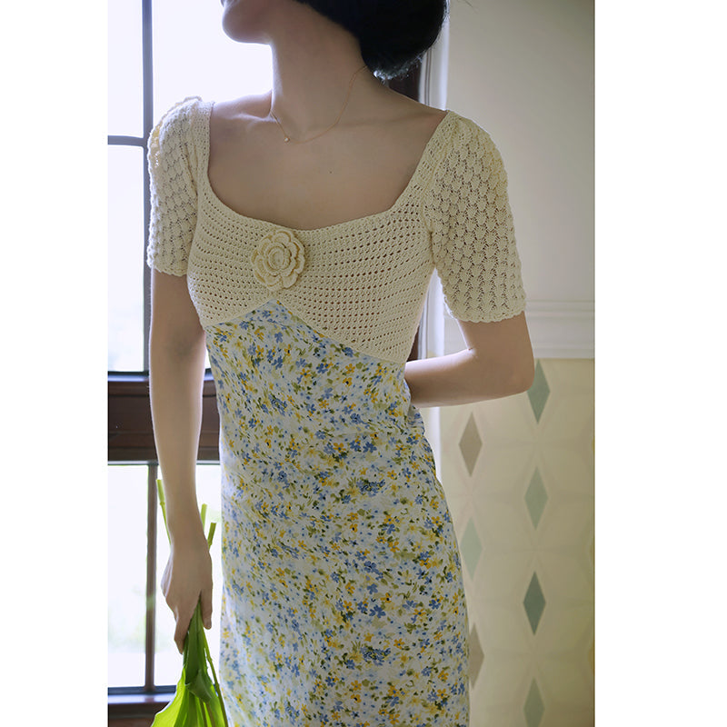 White floral pattern patchwork knit dress