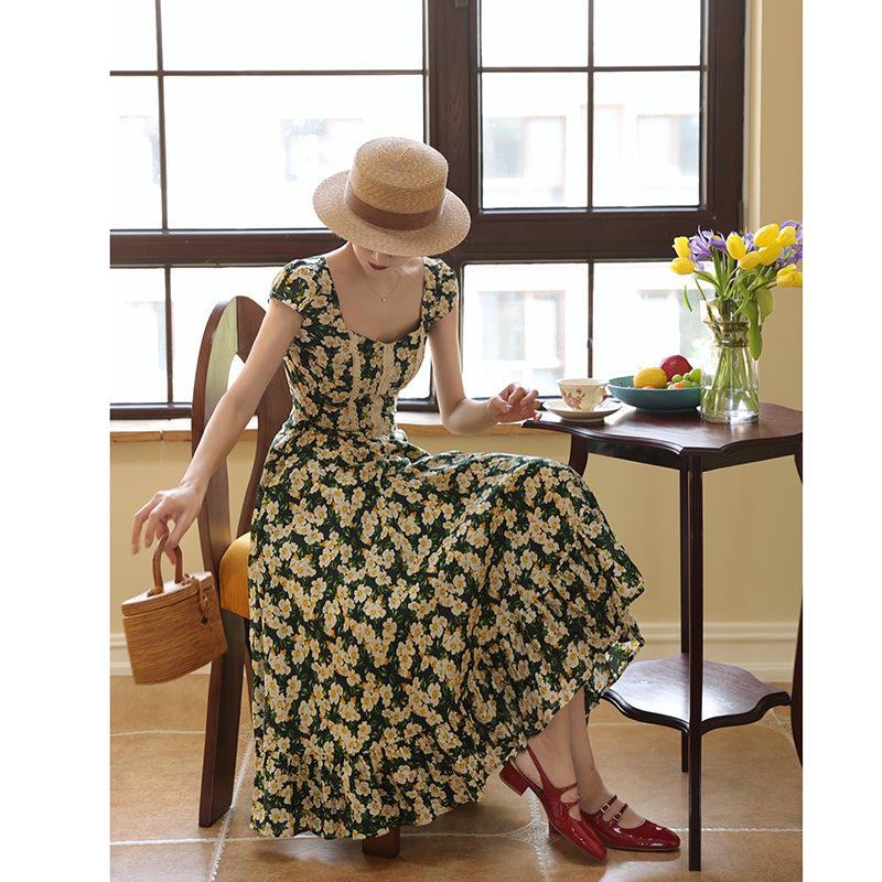 Dark Green Flower Crowd Hepburn Dress