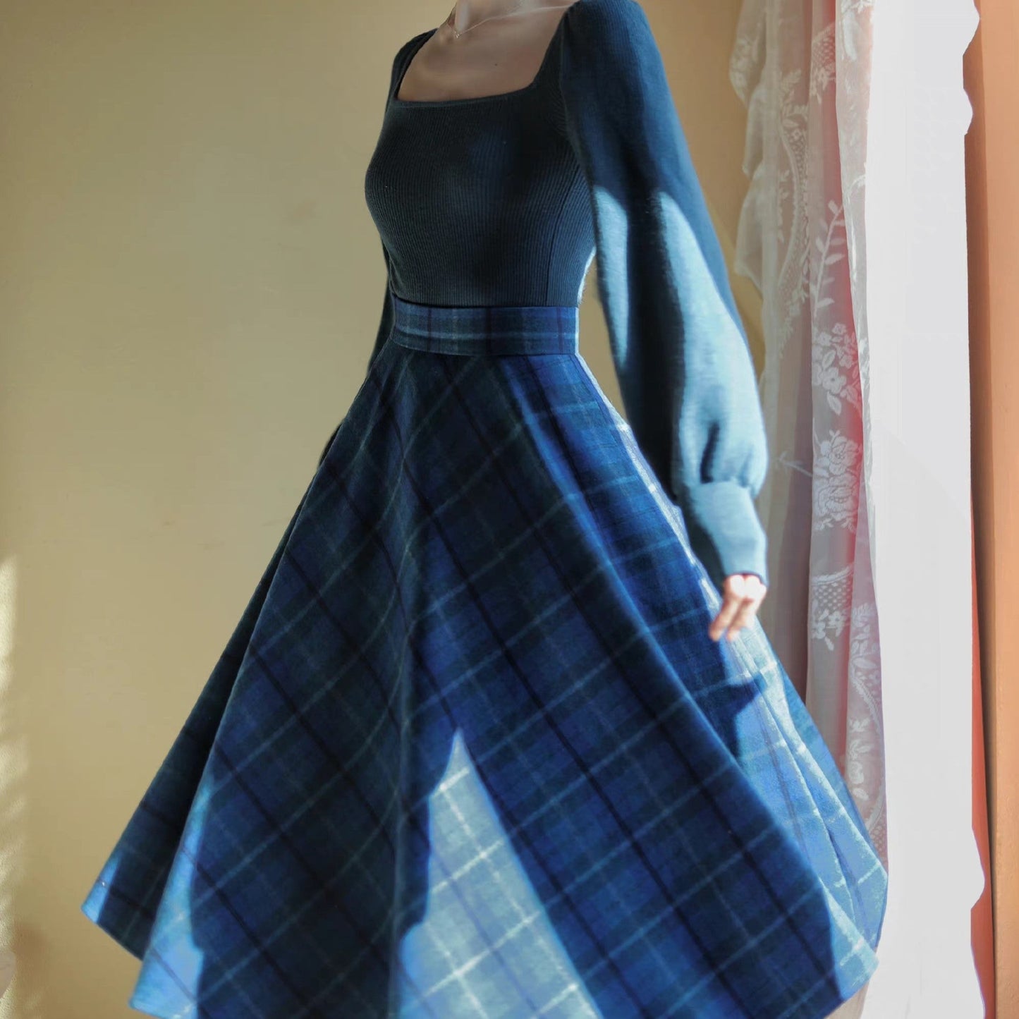 Blue Indigo Checkered Umbrella Skirt