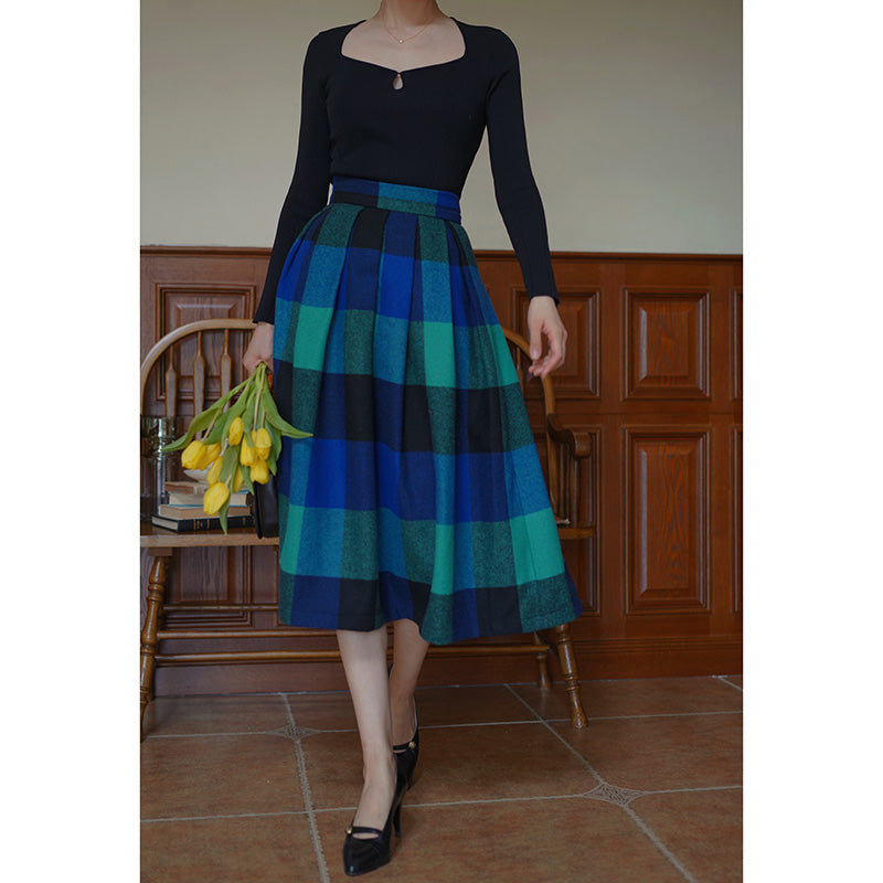 Indigo Green Plaid Retro Umbrella Skirt