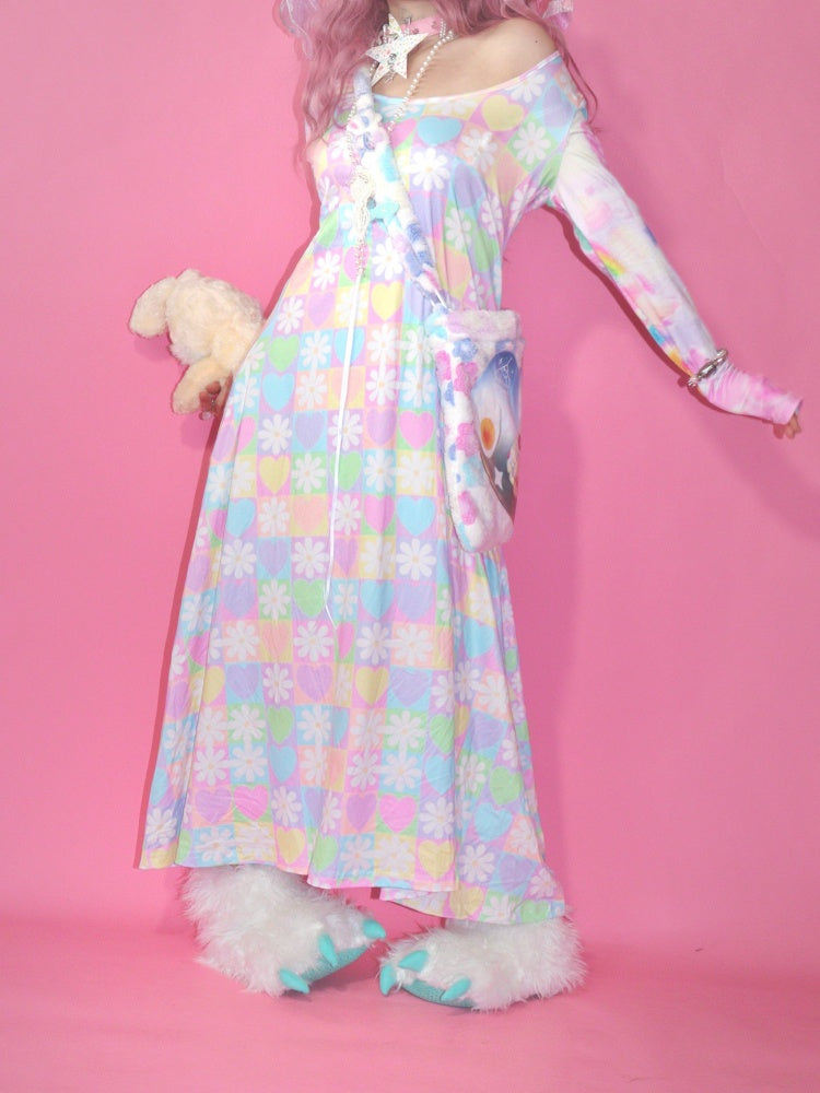 Flower Chess Board Print Long Dress【s0000003569】