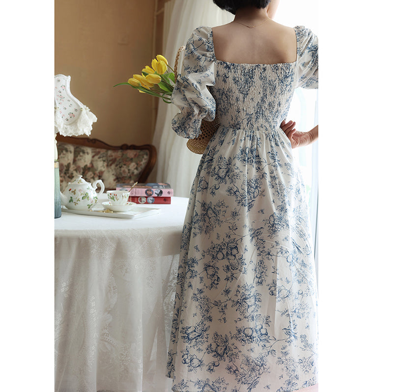 Blue indigo flower pattern retro dress