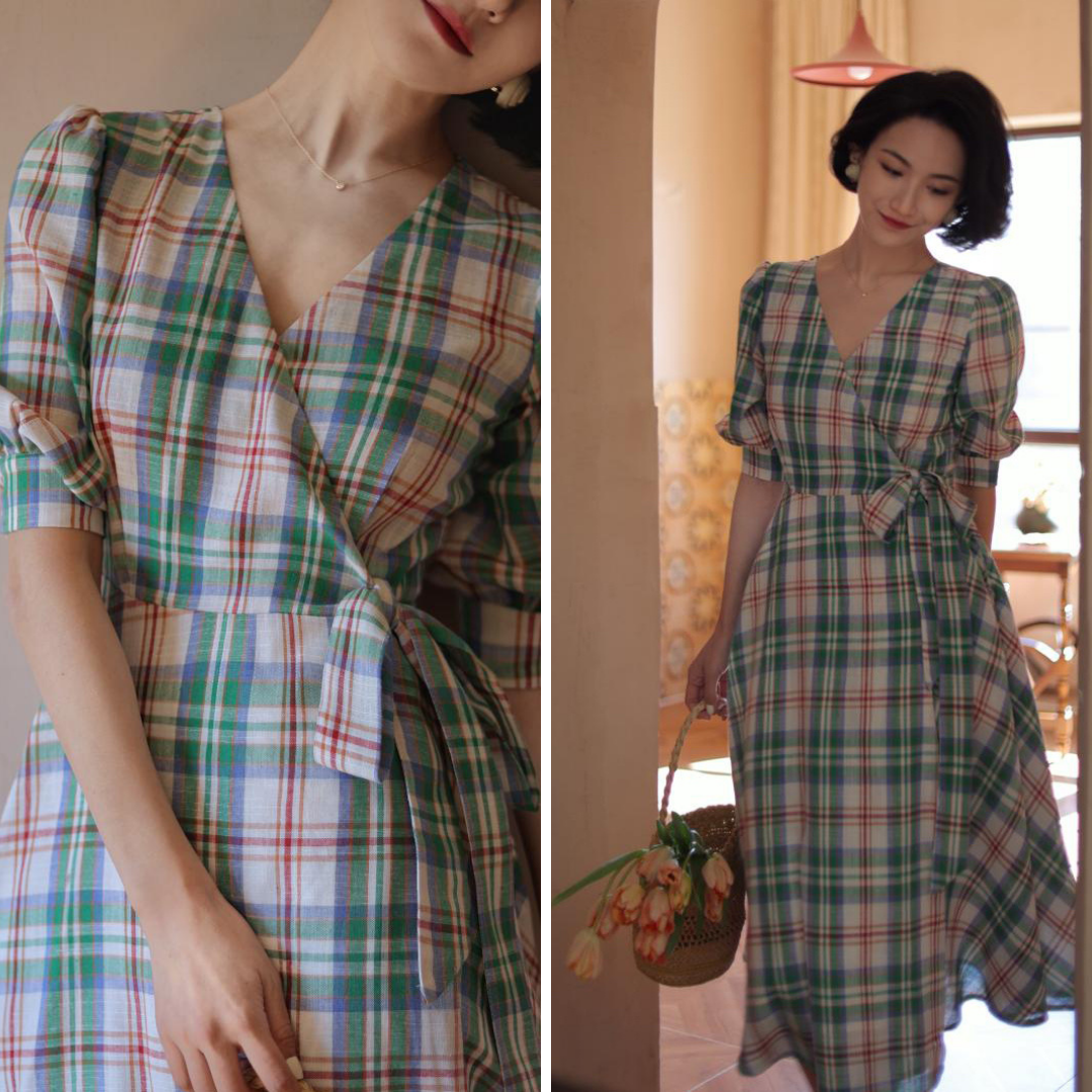 Green red plaid retro dress