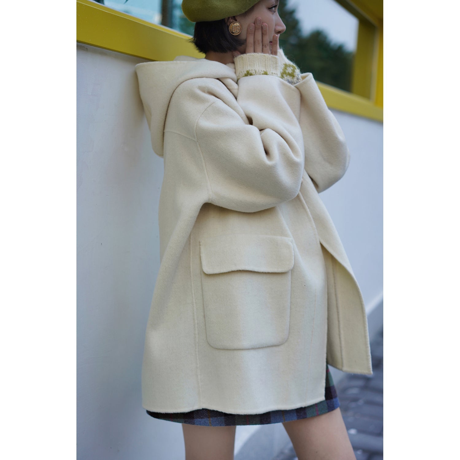 Ivory wool oversized hood coat