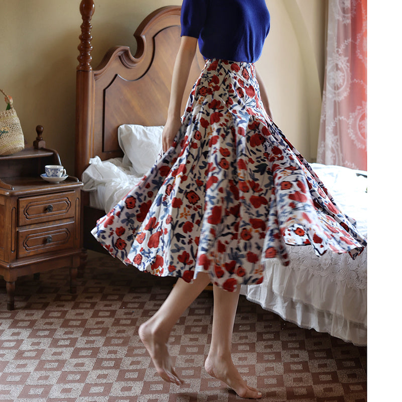 oil painting flower pattern hepburn skirt