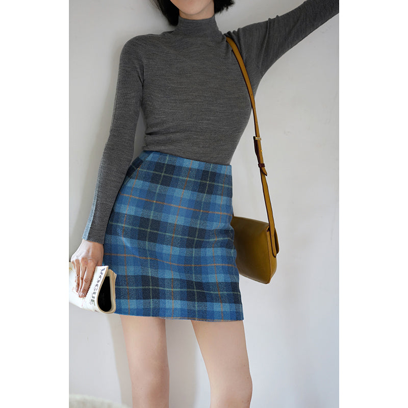 Blue indigo plaid wool tight skirt