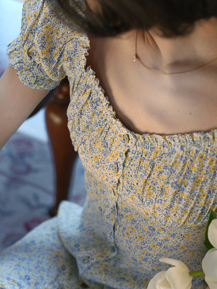 Indigo yellow flower french dress