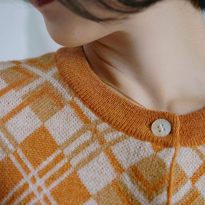 red orange retro plaid cardigan