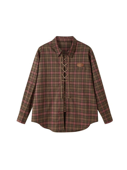 Casual Lace-Up Strap Retro Plaid Loose Shirt【s0000003198】