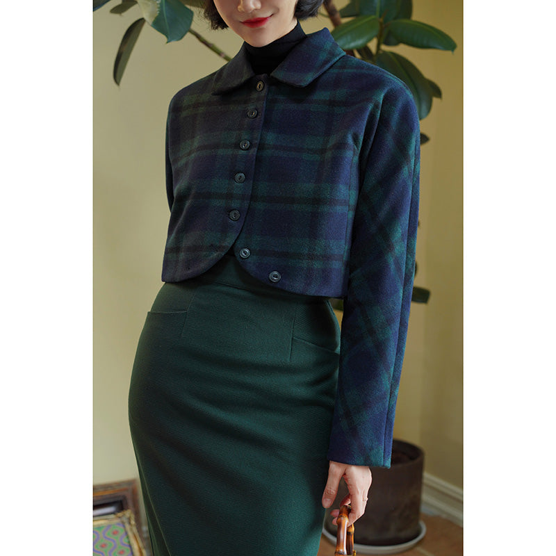 Indigo Green Plaid Classical Short Jacket