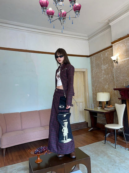 Plaid Zipper Short Jacket & Patch Pocket Long Skirt【s0000003884】