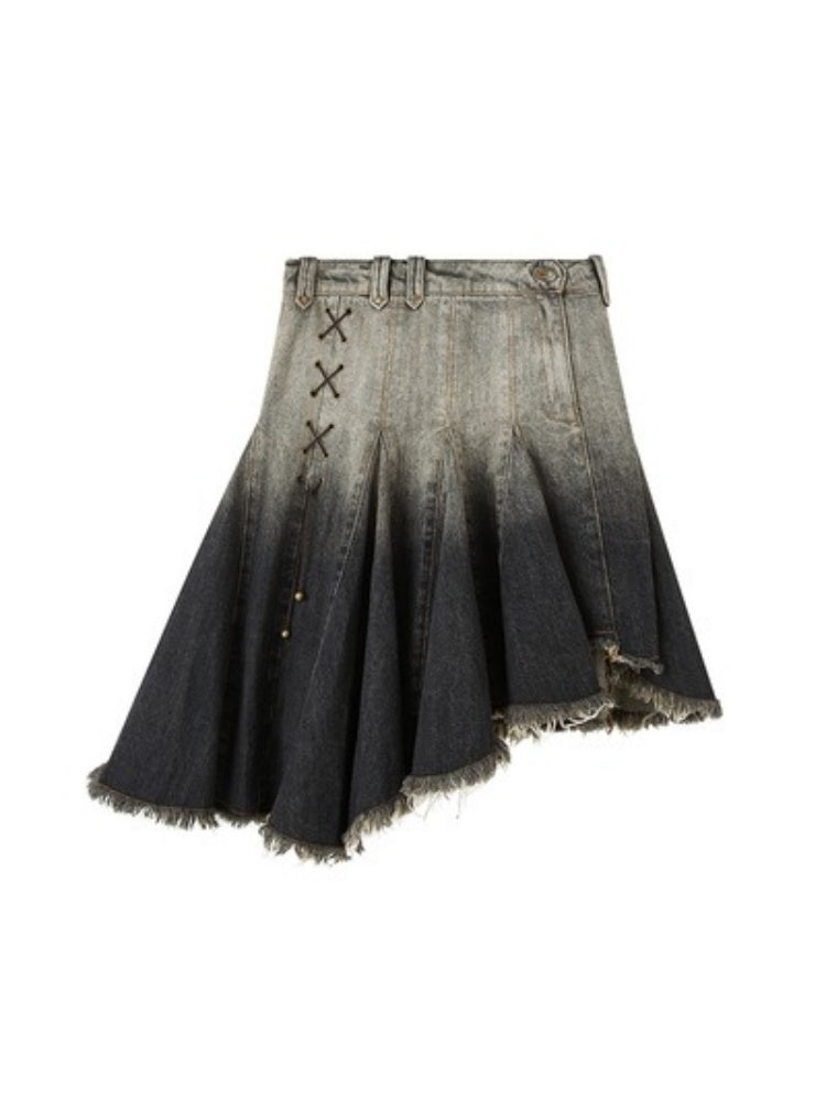 Gradient Bandage Irregular Hem Denim Skirt【s0000003194】