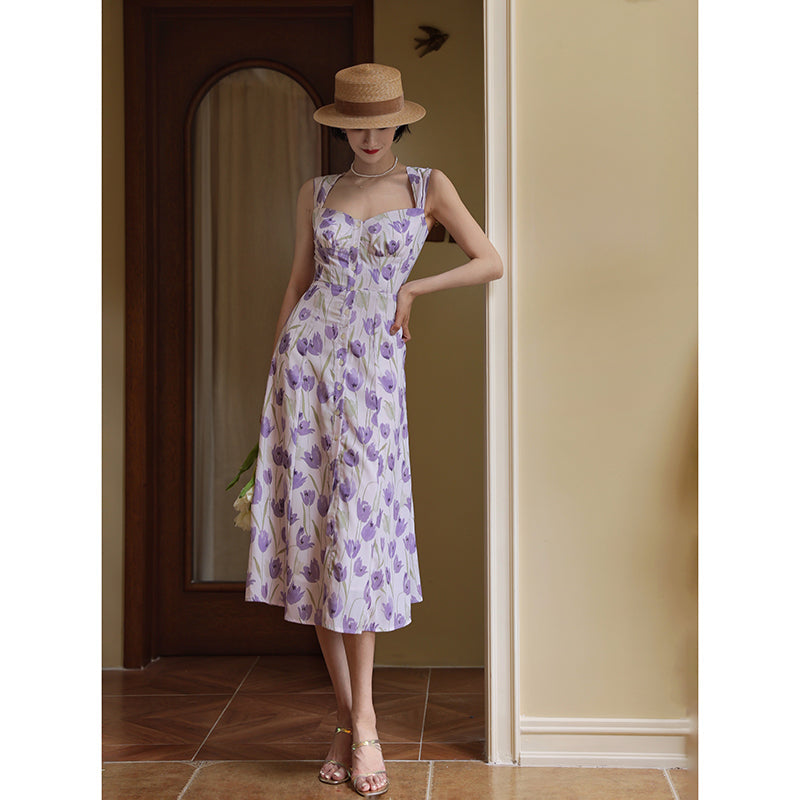 Light purple flower pattern retro dress