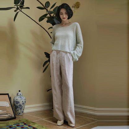 White Brown Lady Wide Leg Linen Pants