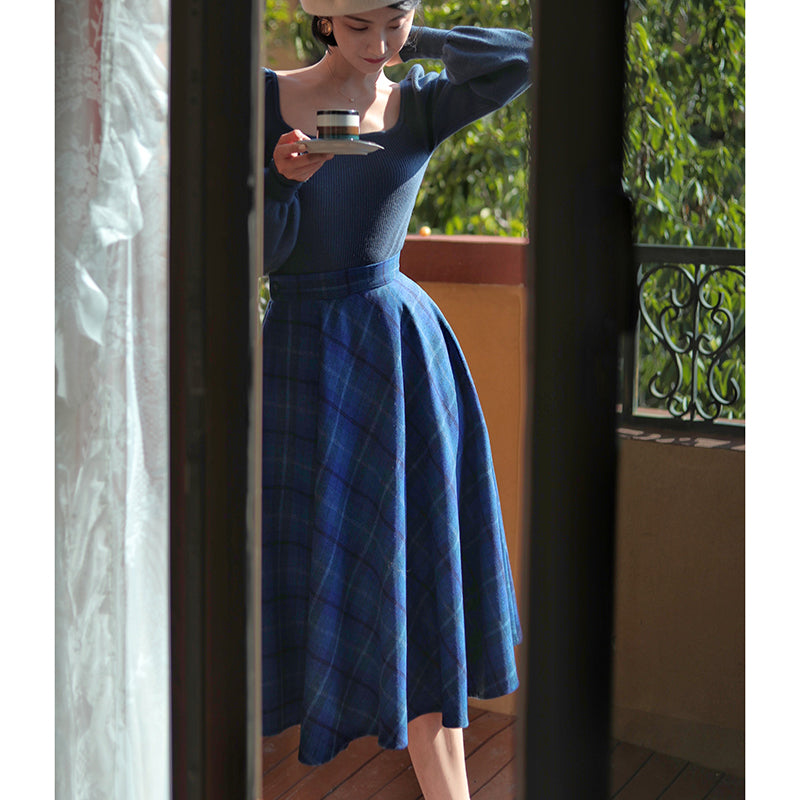 Blue Indigo Checkered Umbrella Skirt