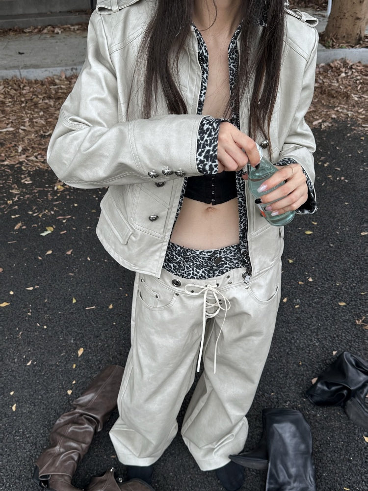 Leopard Pattern Splicing Leather Jacket & Wide Pants【s0000004172】