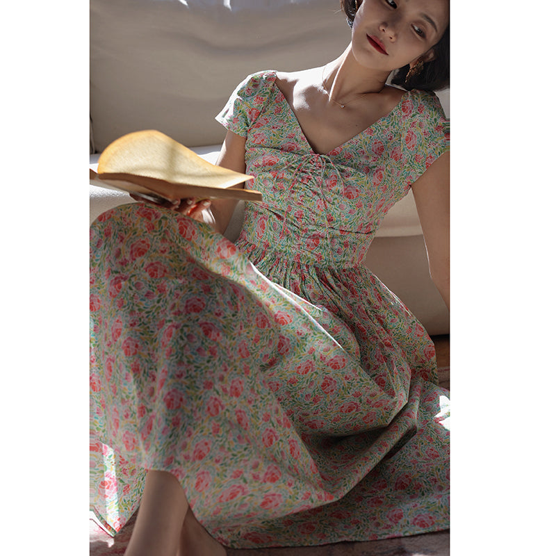 Peach green flower crowd retro dress