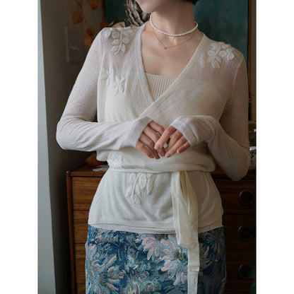 Floral embroidery white knit cardigan