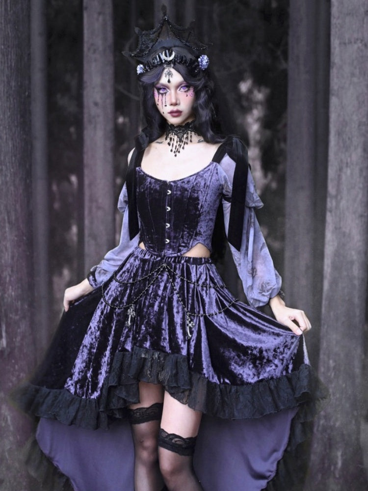 Gothic Velvet Balloon Sleeve Shoulder Ribbon Blouse【s0000003865】