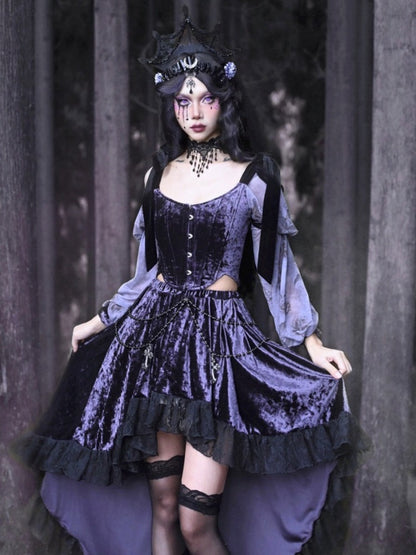 Gothic Velvet Balloon Sleeve Shoulder Ribbon Blouse【s0000003865】