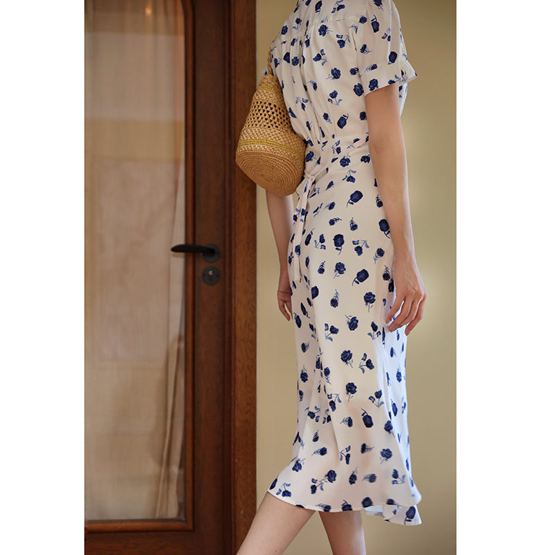 Ultramarine Rose Pattern Retro Dress