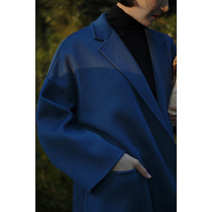 Navy Blue Lady Classical Middle Wool Coat