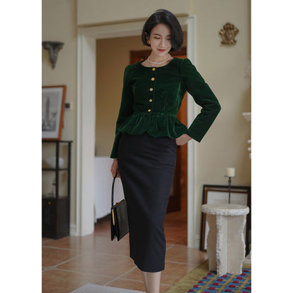 Ink Green Lady Velvet Short Jacket