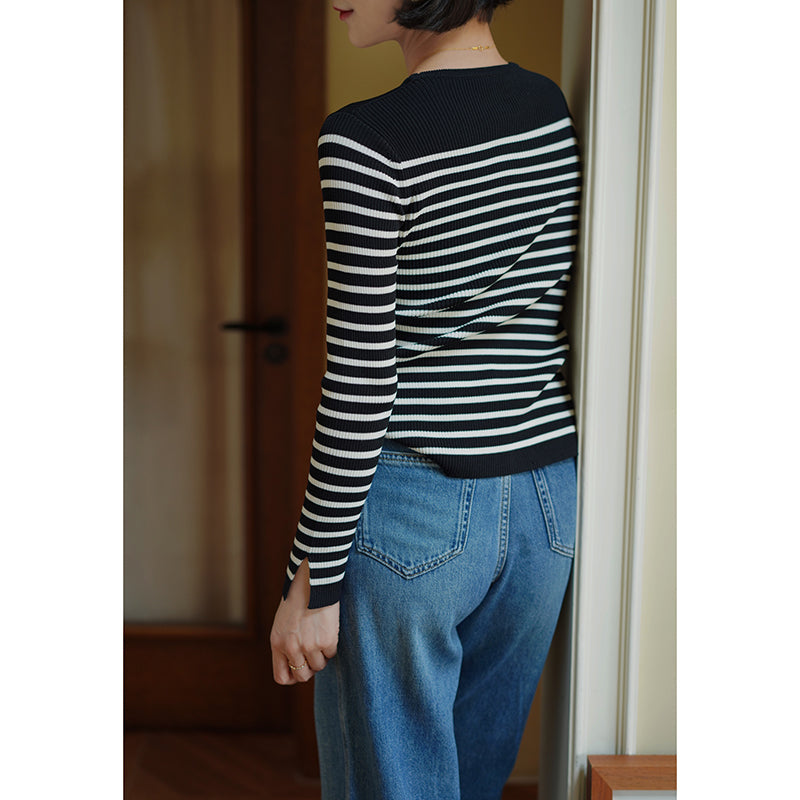 Black and white striped slim knit