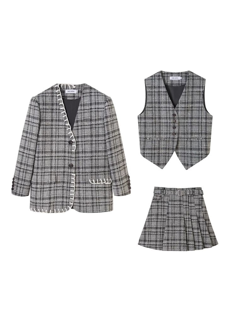 Plaid vest jacket and pleated skirt【s0000003970】