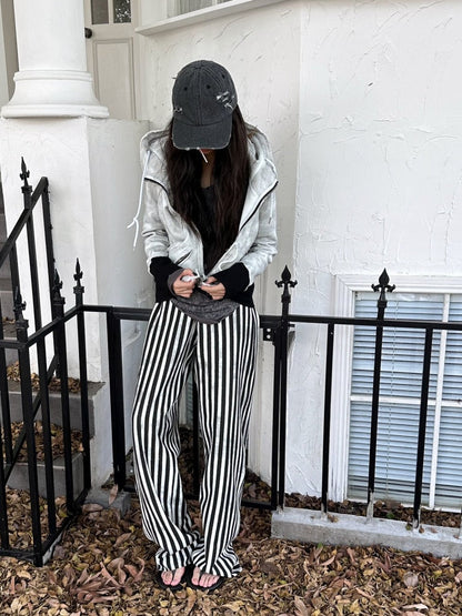 Striped Zipper Hooded Sweat Jacket & Pants Setup【s0000004162】